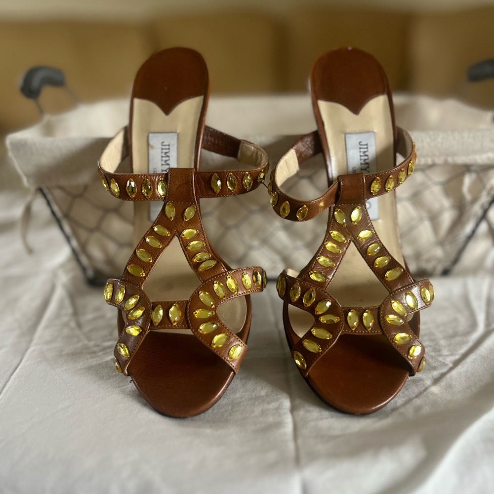 Jimmy Choo Brown Leather T-Strap Heels with Yellow Gem Accents